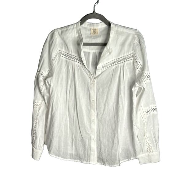 Good Hart White Semi Sheer Button Down Long Sleeve Shirt Crochet Detail Sz Med - Picture 1 of 7